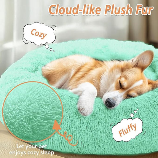 JOLLYVOGUE Calming Dog Bed Medium Size Dog, Anti-Anxiety Donut Medium Pet Bed, 31 inches Fluffy Faux Fur Round Cat Bed, Fits up to 45 lbs Pets (Mint Green)