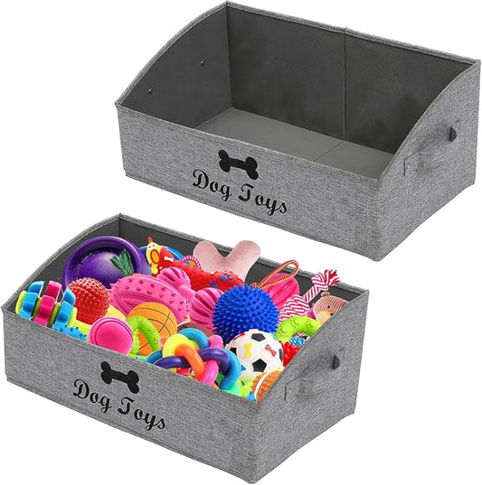 Geyecete 2 Pack Large Dog Toy Bin - Foldable Fabric Trapezoid Organizer Boxes with Handle for Dog Toys (Snow Gray)