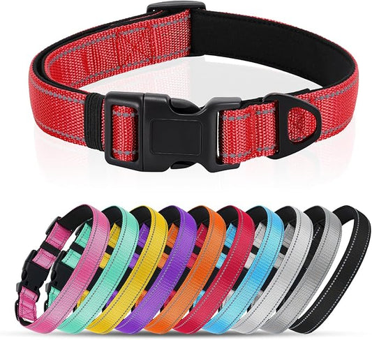 Reflective Dog Collar with Quick Release Buckle - Metal Ring - Adjustable Soft Neoprene Padded Basic Dog Collar for Small Medium Large Dogs (Red, Medium :Width 1",Neck 13.8-19.6")