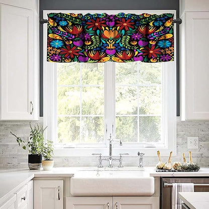 Mexico Valances Curtain for Kitchen, Colorful Mexican Style Flowers Pattern Window Treatment Valances Short Curtains Rod Pocket Drape for Dining Room Home Farmhouse Decor, 54x18inch
