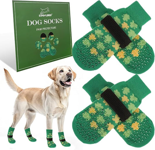 EXPAWLORER Anti Slip Dog Socks to Prevent Licking Paws, Dog Shoes Booties for Small Medium Large Senior Dogs, Traction Control Boots & Paw Protectors for Hardwood Floors St. Patrick's Day Green L