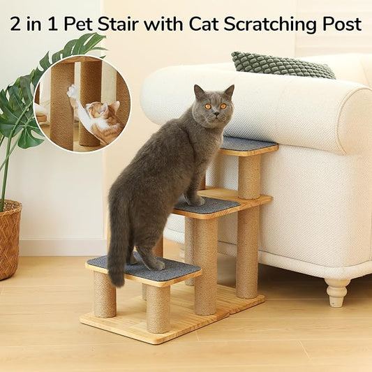 FUKUMARU Dog Stairs, Solid Wood Pet Stairs with Cat Scratching Post, Transformable Cat Ramp Can Hold Up to 200 lbs, 20 Inch Pet Steps for Dogs and Cats to Climb High Bed and Couch, Over 6 Combinations