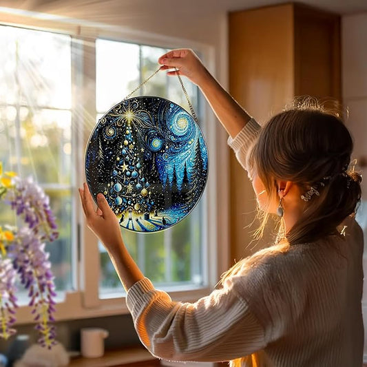 8″ Starry Night Christmas Tree Stained Glass Suncatcher Ornament, Stained Glass Window Hanging — Holiday Window Ornament | Gift for Christmas, Holiday Present Idea, Gift Exchange, Gifts Idea
