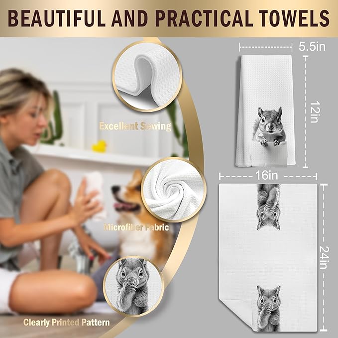 Funny Squirrel Hand Towels for Bathroom Kitchen Decor Set of 3, Squirrel Lover Lover Gifts, Funny Kids Bathroom Hand Towels,16x24 Inches