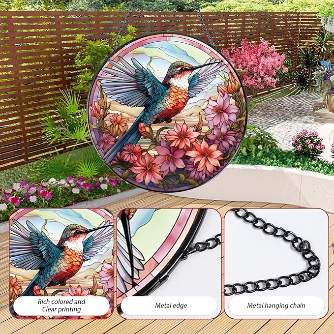 Hummingbird Flower Stained Glass Window Hanging, 7.8″ Sun Catchers with Hook Indoor Window Decor, Decorative Suncatchers Home Garden Art Gift for Bird Lovers Housewarming