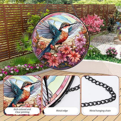 Hummingbird Flower Stained Glass Window Hanging, 7.8″ Sun Catchers with Hook Indoor Window Decor, Decorative Suncatchers Home Garden Art Gift for Bird Lovers Housewarming