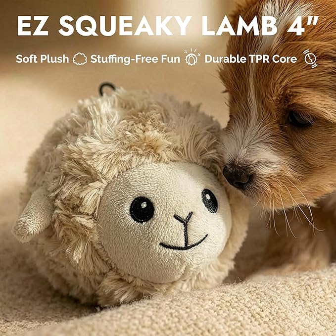 Pet Lou 4 Inch Squeaky Lamb Ball Dog Toy, Durable TPR Squeaky Ball with Plush Cover, Stuffing-Free Lamb Dog Toy for Small & Medium Breeds, Bouncy & Water-Floating