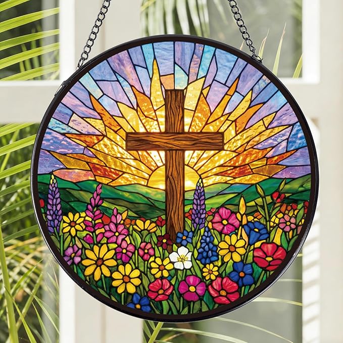 Christian Glass Window Hanging, 8 Inch Sun Catcher Cross Religious Gift for Housewarming, Decorative Suncatchers Gifts for Women Men Wall Art Home Decor