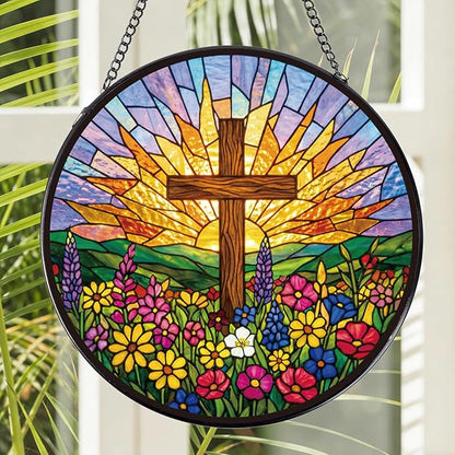 Christian Glass Window Hanging, 8 Inch Sun Catcher Cross Religious Gift for Housewarming, Decorative Suncatchers Gifts for Women Men Wall Art Home Decor