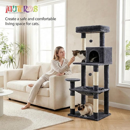 MUTTROS Cat Tree for Large Cats with Metal Plush Big Hammock, 56.3" Cat Tower for Indoor Cats with 2 Door Condo House, 6-Tier Cat Shelves with Scratching Posts and Large Top Perch, Dark Gray