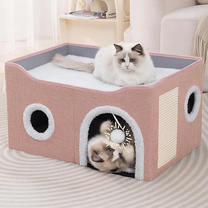 Loyareal Cat Houses for Indoor Cats - Large Cat Bed Cave with Scratch Pad and Fluffy Ball, Foldable Cat Condo Hideaway with Reversible Cushion for Multi Small Pet, Pink