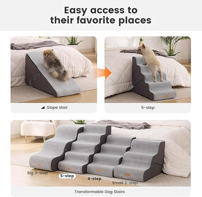 Gardner Pet Dog Stairs for Small Dogs 22.5" H, 2 in 1 Transformable 5-Step Pet Stairs and ramp, Dog Steps for Couch bed (23~27 in) with Durable Non-Slip Waterproof Cover and CertiPUR-US Certified Foam