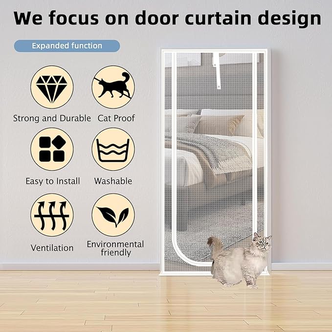 Reinforced Cat Screen Door,Fits Door Opening Size 32''x 80'',Thickened Cat Resistant Mesh Screen Door for Living Room,Kitchen,Bedroom,Cat Proof Screen with Zipper Closure. (U-Type,White)