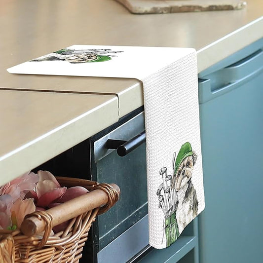 Golf Dog Kitchen Towels - Shih Tzu Dish Towels, Sports Gifts, Pet Golf Club Decorative Absorbent Dishcloths Hand Towels for Kitchen Gym Spa Decor 16x24 Inches