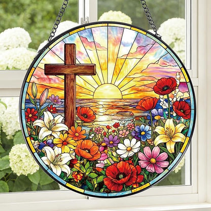 Cross Stained Glass Window Hanging, 8 Inch Wildflower Sunset Sun Catcher Gift, Religious Easter Faith Christian Gifts for Wall Art Landscape Hanging Home Decor