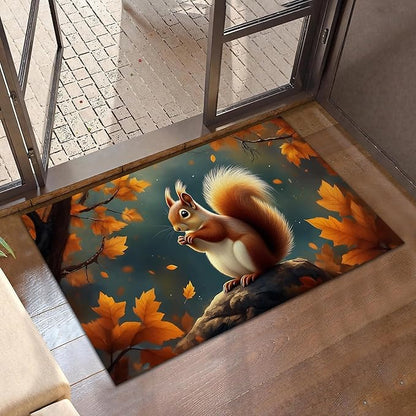 Door Mat, Cute Squirrel Rugs for Front Door,Non-Slip Fall Maple Leaf Low Profile Indoor Outdoor Welcome Mat for Entry Patio, Porch, Hallways,Kitchen 30 x 17 Inch