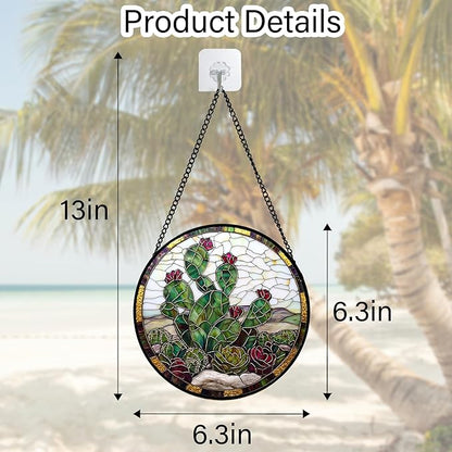 Stained Glass Window Hanging,Green Cactus Purple Flowers Suncatcher Diamond Glass Panel Sun Catchers Decor for Birthday for Women, Men, Wife, Aunt, and Mom 6.3 in