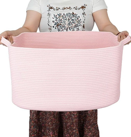Large Rectangle Blankets Baskets 22"x17"x12" Toy Basket for Kids Woven Cotton Rope Storage Basket for Nursery - Wicker Laundry Baskets for Clothes Towels - Ideal for Living Room Storage pink