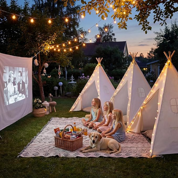 Wilwolfer 4 Pack Teepee Tent for Kids Slumber Party with Lights, Indoor Sleepover Play Tents for Girls, Foldable Toddler Playhouse for Sleepover Parties, White