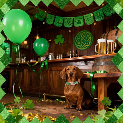 St. Patrick's Day Dog Collar, Beer & Clover Green Dog Collars, Adjustable Heavy Duty Irish Shamrock Pet Collar for Small Medium Large Dogs with Metal Buckle L