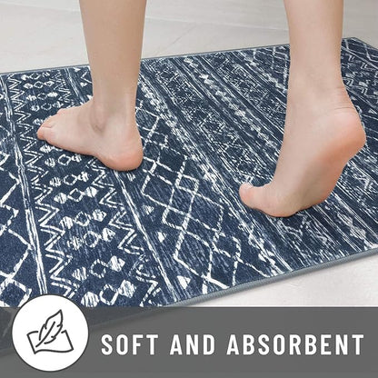 KUTA Moroccan Washable Runner Rug 2.6x8, Non-Slip Vintage Navy Blue Boho Hallway Runners Rugs Ultra Soft Print Distressed Geometric Floor Carpet for Bedroom Laundry Living Room