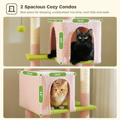MUTTROS Flower Cat Tree, 62-Inch Large Cat Tower for Multi-Cat Households w/Scratching Posts, Multi-Level Cat Condo w/Cozy Top Perch & Scratching Pad, Padded Platform, 2 Pompoms, Pink