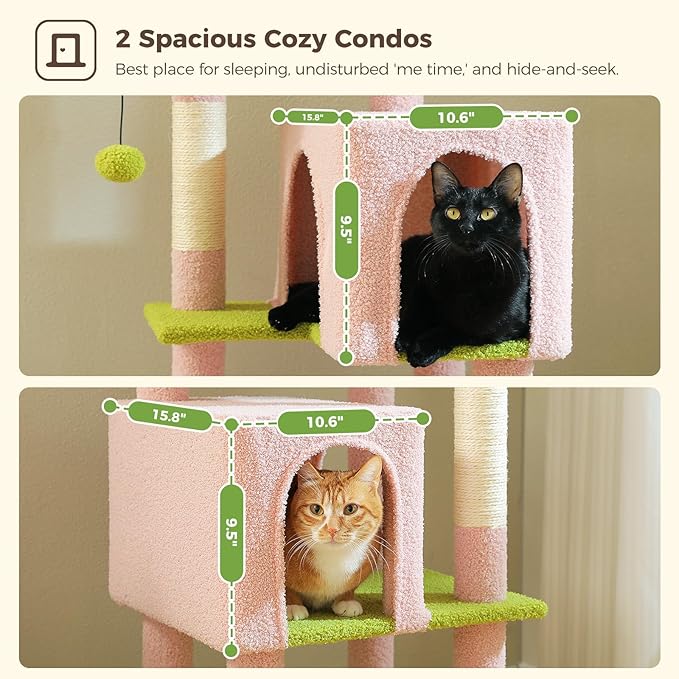 MUTTROS 62" Cat Tree for Indoor Cats, Multi-Level Cat Tower for Large Cats with Scratching Posts, 2 Spacious Plush Condos, Padded Perch, Soft Cat Bed, Scratching Pad & 2 Pompoms, Pink