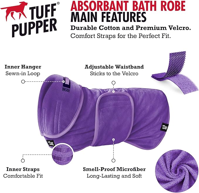 Tuff Pupper Fast Drying Dog Bath Robe | 800 GSM Plush Dog Towel Bathrobe/Dressing Gown | Super Absorbent Pet/Puppy Bathrobe | Adjustable Hood & Belly Strap | Super Soft | Fast Drying (XL, Purple)
