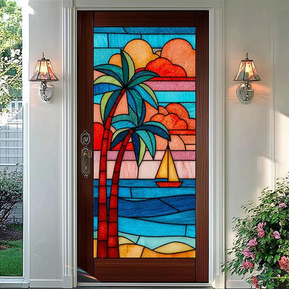 Summer Beach Palm Trees Window Cling 18 x 39 Inch Stained Glass Decorative Privacy Film PVC Sailboat Ocean Sunset Glass Panel Vertical Home Decor
