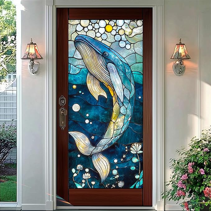 Ocean Whale Mosaic Window Film 18 x 39 Inch Stained Glass Window Cling PVC Privacy Wall Panel Glass Art Underwater Background Indoor Seasonal Backdrop Home Decor