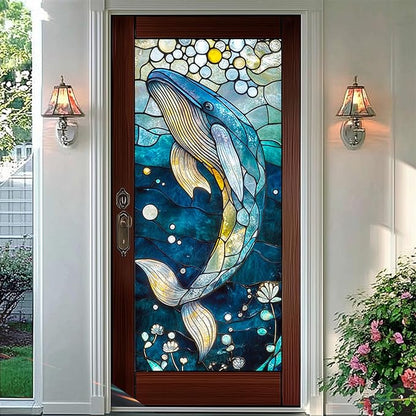 Ocean Whale Mosaic Window Film 18 x 39 Inch Stained Glass Window Cling PVC Privacy Wall Panel Glass Art Underwater Background Indoor Seasonal Backdrop Home Decor