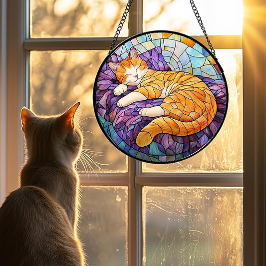 Stained Glass Window Hanging Sleeping Orange Cat 7.8" - Memorial Gift Suncatcher Door Sun Catcher Decor Birthday Christmas for Lost Pets Mom Men Woman Friend