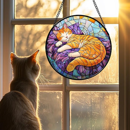 Stained Glass Window Hanging Sleeping Orange Cat Large 15" - Memorial Gift Suncatcher Door Sun Catcher Decor Birthday Christmas for Lost Pets Mom Men Woman Friend