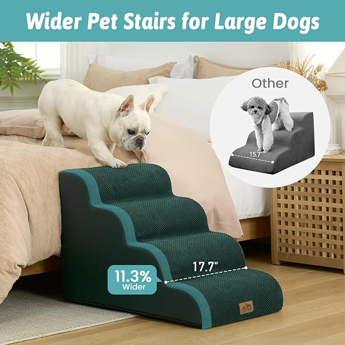 Wide Dog Stairs for Small Dog 19.7" H, Pet Step for Puppy, Older Cat, Curved Ramp for Bed, Durable Anti-Slip Ladder with High Density Foam, 4 Step, 17.7x28x19.7 inch, Dark Green