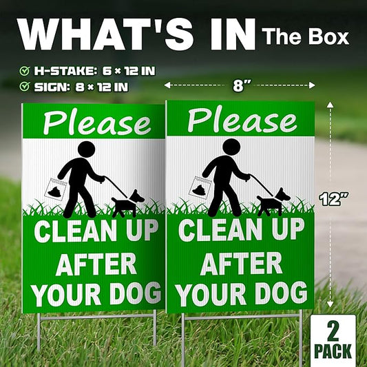2-Pack Clean Up After Your Dog Signs, Double Sided 12x8 Coroplast Signs with H-Stakes, Outdoor Reminder for Yards, Apartments