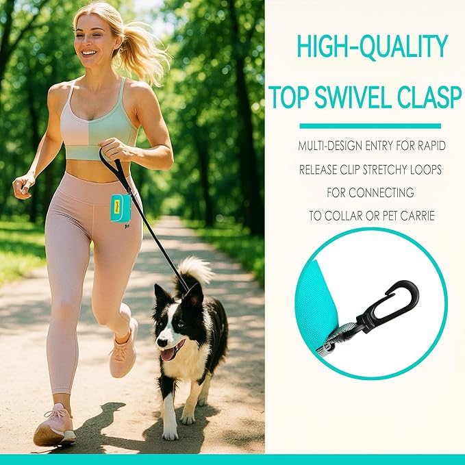 Dog Poop Bag Holder for Leash, 2 Waterproof Zipper Pouches, Dog Treat Pouch for Pet Walking Accessories, with Dispenser, Training Clicker and 1 Free Roll (Green)
