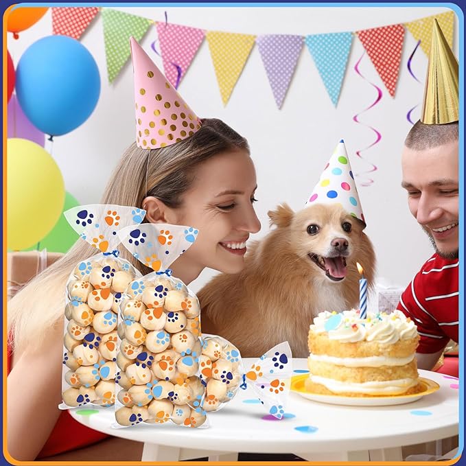 Blulu 100 Pieces Dog Treat Bags Puppy Party Favor Pet Paw Cone Cellophane Bags Candy Heat Sealable Dog Paw Gift with 100 Pieces Silver Twist Ties for Pet Cat Treat Party Favor (Blue and Orange)