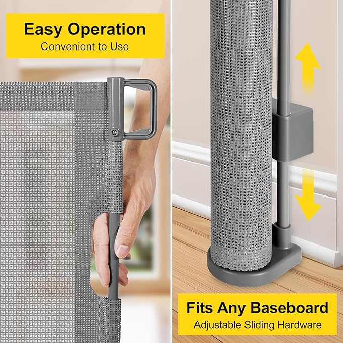 Reinforced 42” Tall x 100” Wide Retractable Baby Gates Extra Tall Dog Gate with Rods to Prevent Crawling Through, Pet Gate for Large Openings Extra Wide Mesh Baby Gate for Stairs, Gray