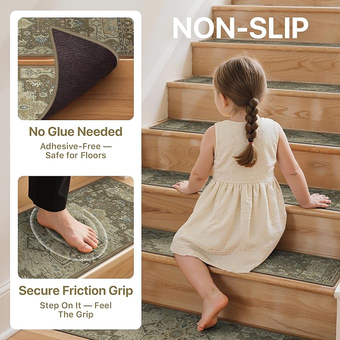 Non Slip Stair Treads for Wooden Steps 15PCS - 8"x30" Indoor Safety Carpet, Edging Mats with TPE Adhesive Backing, Pet and Elderly Friendly Stair Rugs (Sage)