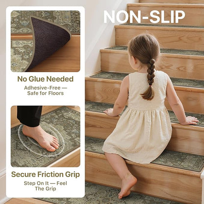 Non Slip Stair Treads for Wooden Steps 15PCS - 8"x30" Indoor Safety Carpet, Edging Mats with TPE Adhesive Backing, Pet and Elderly Friendly Stair Rugs (Sage)