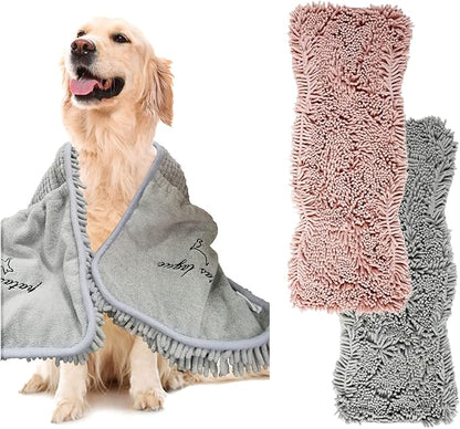 Patas Lague 2 Pack Absorbent Dog Towel for Drying Dogs Large, 35''x15'' Extra Large Microfiber Quick Drying Pet Bath Towel with Hand Pockets, Machine Washable Pet Shammy Grey Pink
