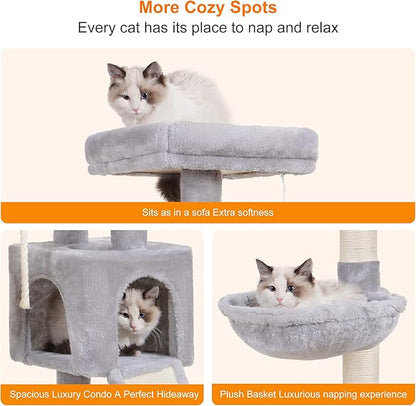 Heybly Cat Tree, Cat Tower for Indoor Cats with Scratching Board, Multi-Level Cat Furniture Condo with Feeding Bowl Light Gray HCT010SW