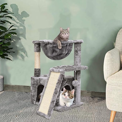 SYANDLVY Cat Tree for Indoor Cats Large Adult, Modern Activity Tower with Scratching Posts & Board, Condo with Plush Perch, Climbing Stand with Cradle & Hanging Ball for Play, Light Grey