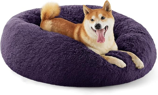 Bedsure Calming Dog Bed Medium Size Dog - Donut Washable Medium Pet Bed, 30 inches Anti-Slip Round Fluffy Plush Faux Fur Cat Bed, Fits up to 45 lbs Pets, Purple
