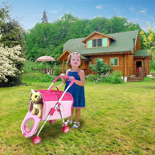 ANIVIA Pet Stroller and Accessories for Kids Ages 3 to 7 Year Olds, Dog Toy for Toddlers, 2 Pieces Play Dog Set, Puppy Party Playset with 1 Pet Puppy Included Pink