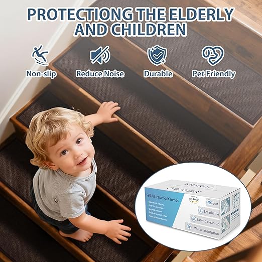 Peel and Stick Stair Treads with Rubber Backed Pack of 15, Jute Stair Rug Staircase Step Treads, Reusable Stair Pads Step Mats for Bare Feet, 30"x8", Deep Brown