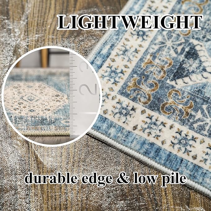 Hallway Washable Runner Rug 2'6x12 - Kitchen Runner Rugs with Non Slip Backing Stain Resistant Rugs for Living Room Bedroom Carpet Distressed Rug Floor Deocr Mat (2‘6''x12', Aqua Blue)
