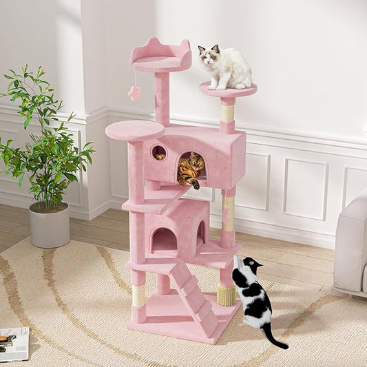 Magshion Cat Tree 60" Cats Tower for Indoor Cats, Multi-Level Cat Condo with Scratching Post, Top Perch, Sisal Board and Dangling Ball, Cat Stand Jumping Platform Kittens Pet Play House (Pink)