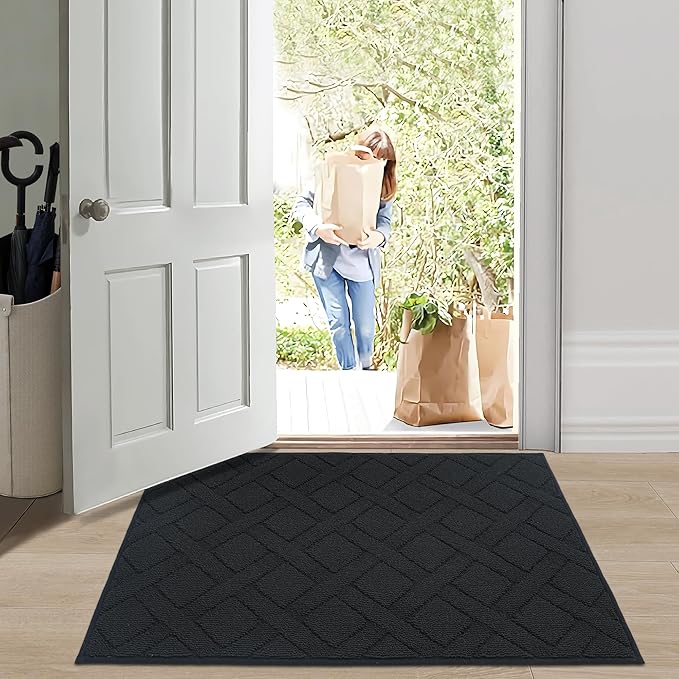 COSY HOMEER Door Mat Indoor Entrance, Non-Slip Absorbent Doormat for Front Door, Low-Profile Entryway Mat for Dirty Paws, Washable Dirt Trapper Mats (20"x32", Black)