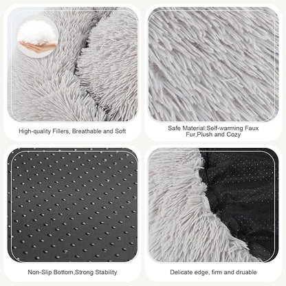 Dog Bed, Cat Calming Bed, Faux Fur Pillow Pet Donut Cuddler Round Plush Bed for Large Medium Small Dogs and Cats (Light Grey, 49.0" L x 38.0" W x 7.0" Th)